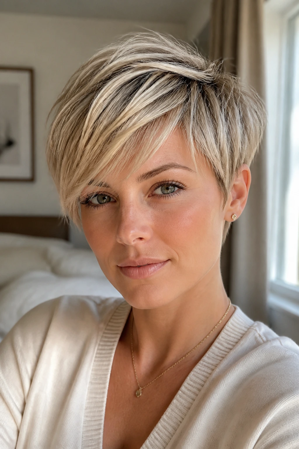 Close-up portrait of a real woman with a pixie cut showing diagonal lines and wispy fringe.