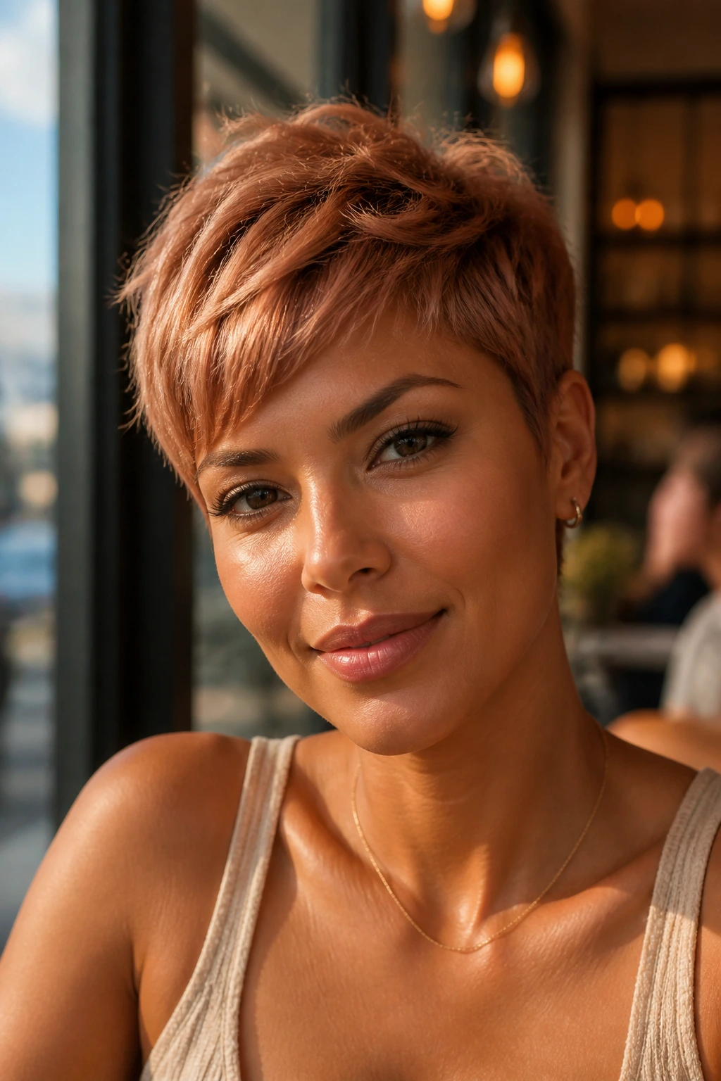 Close-up of a real woman with a pixie cut featuring strawberry micro-lights framing the face