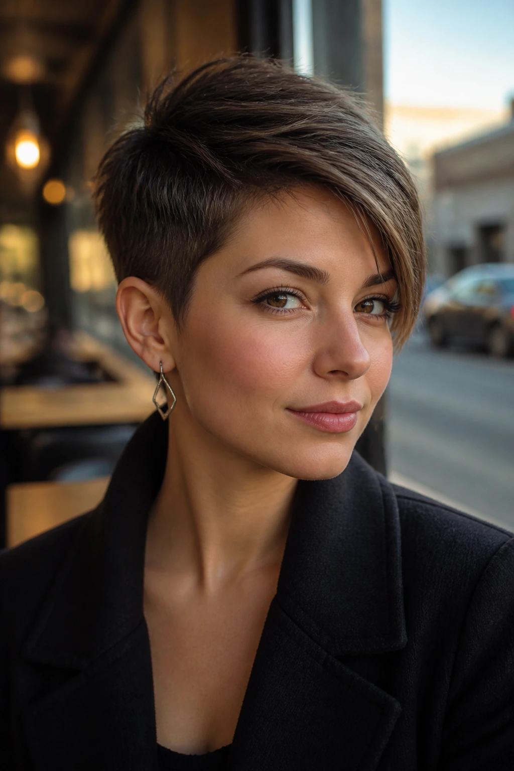 Real woman with swept-over pixie cut portrait