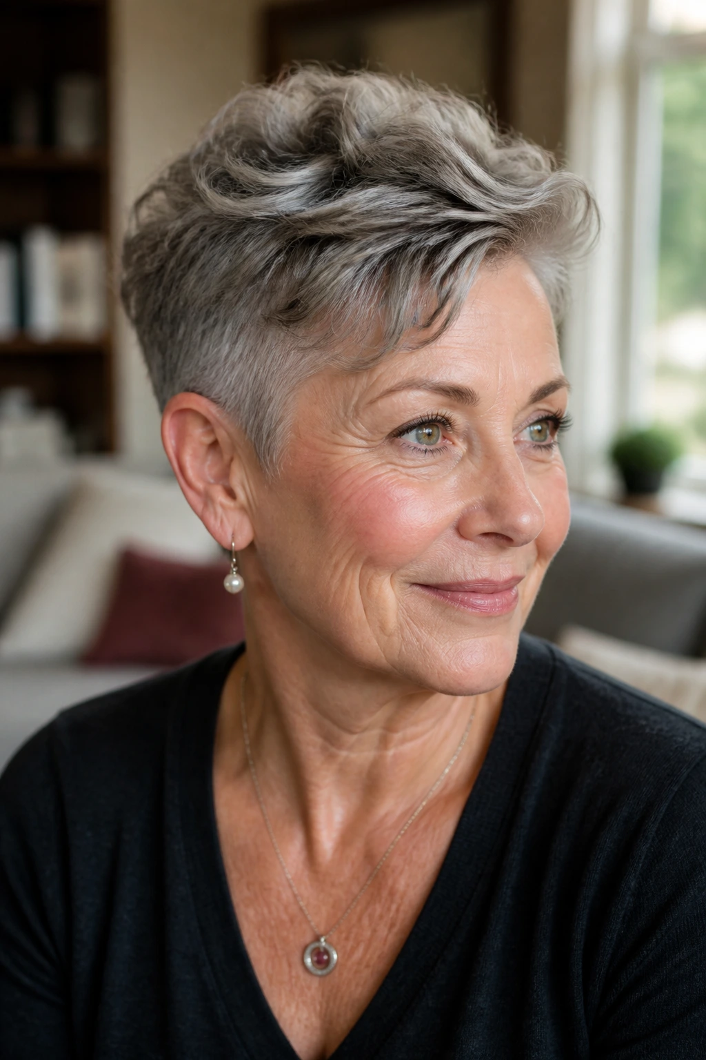 Close-up portrait of a real woman with cropped tapered pixie and longer top in warm indoor light.