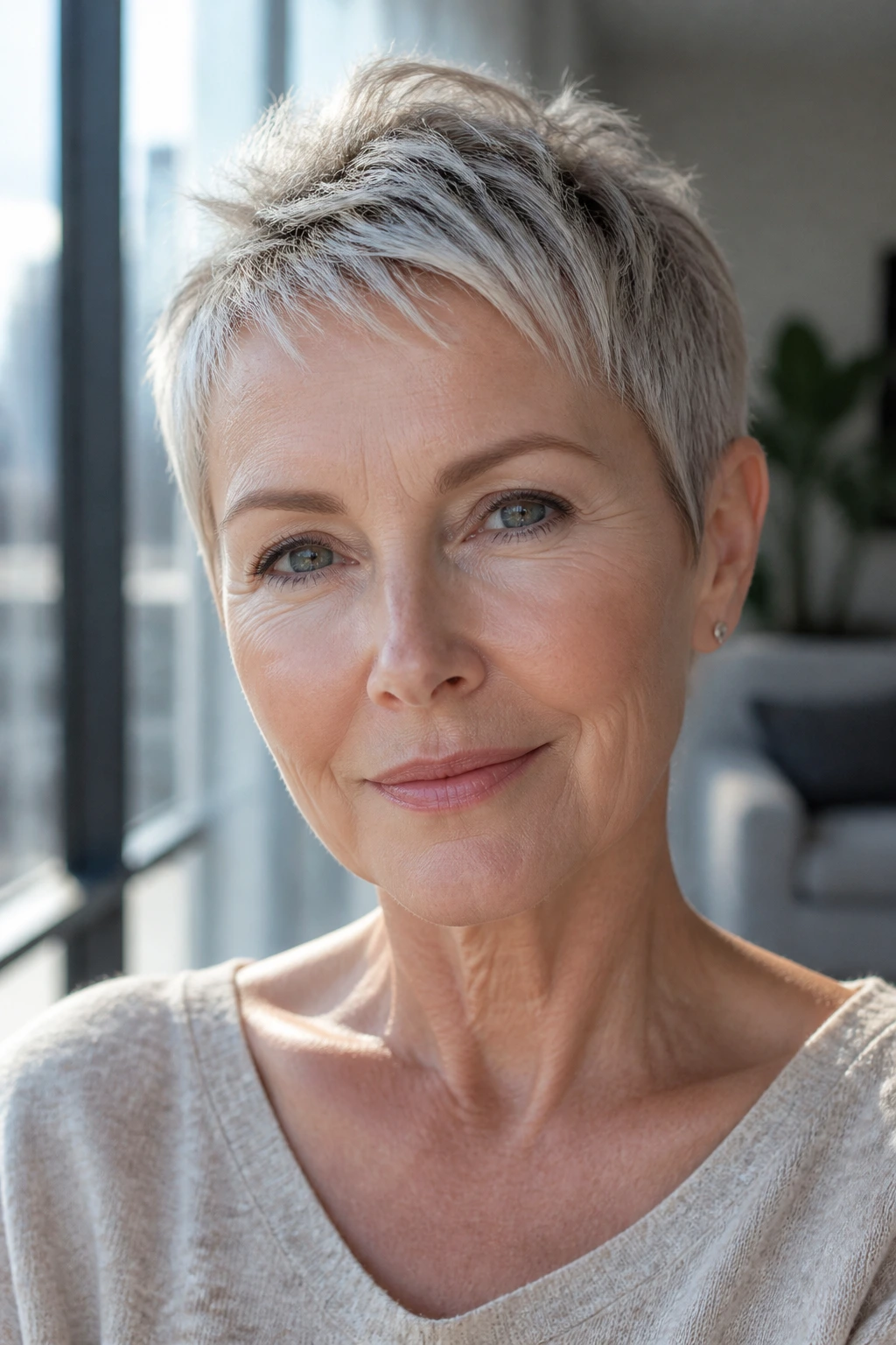 Close-up of a real woman with a straight pixie cut with piecey texture
