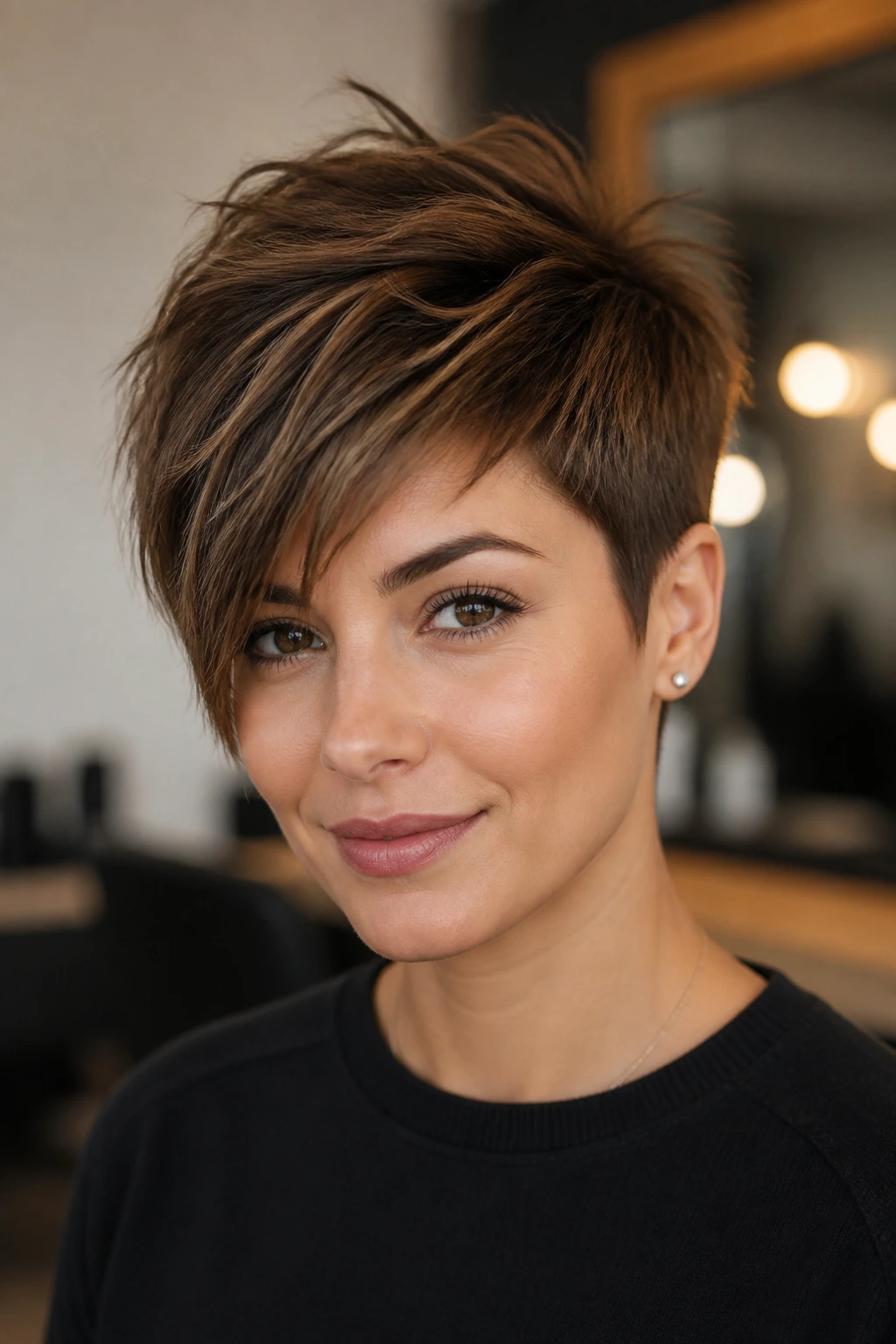 Close-up of a real person with textured pixie and long side-swept top