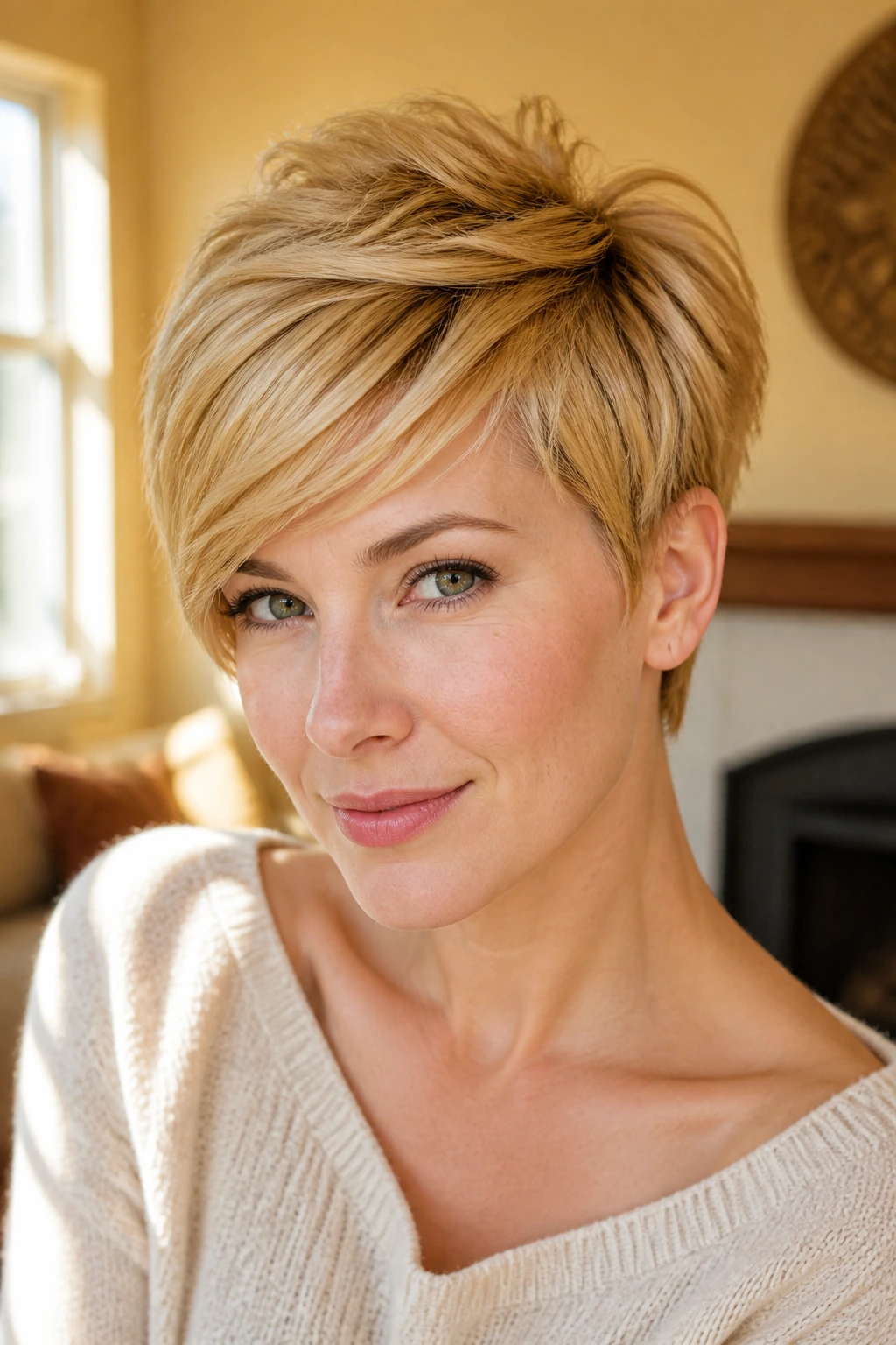 Close-up portrait of a real woman with warm blonde pixie and swept fringe in sunlit living room.
