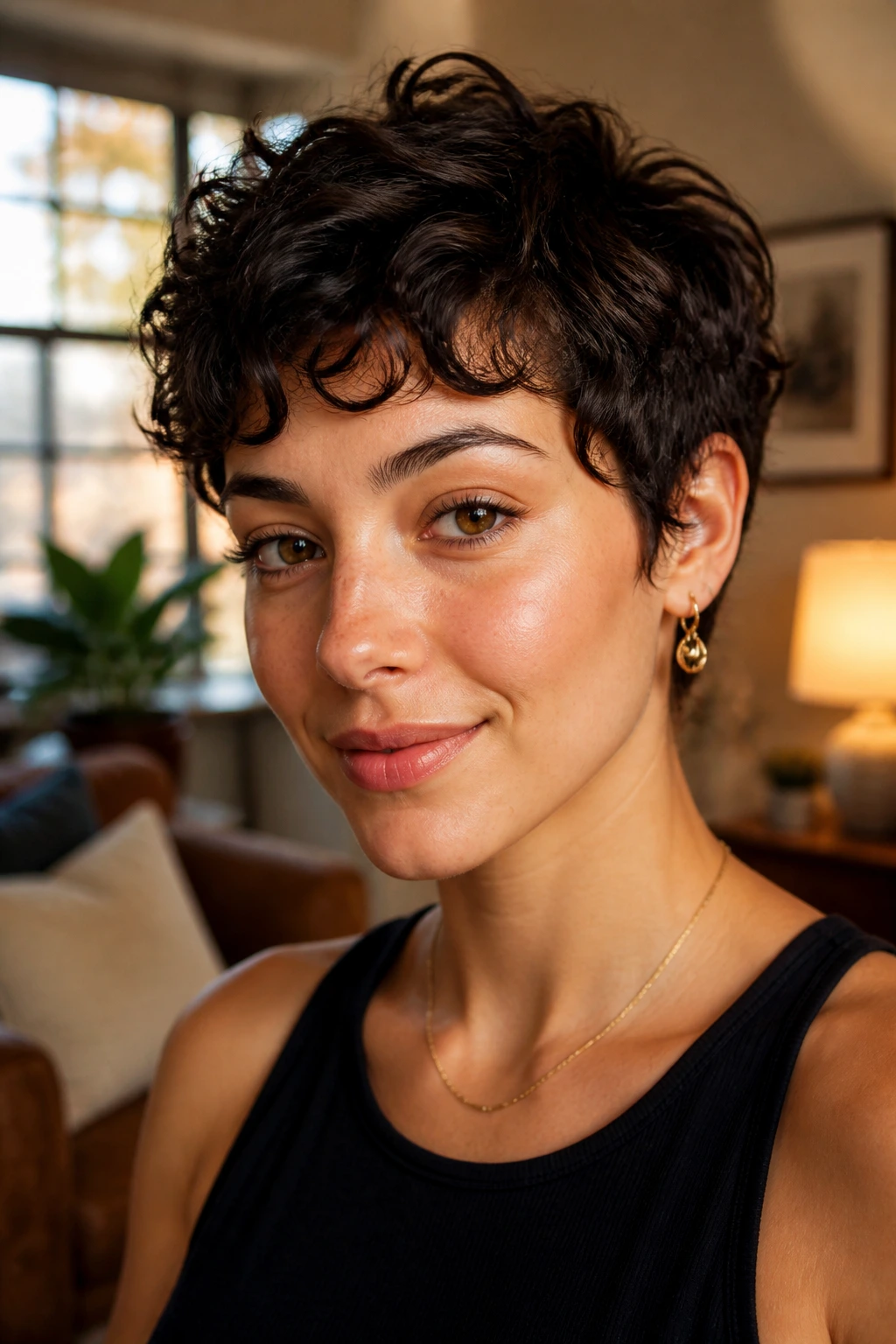 Close-up portrait of a real woman with curly pixie cuts in a warm window-lit living room