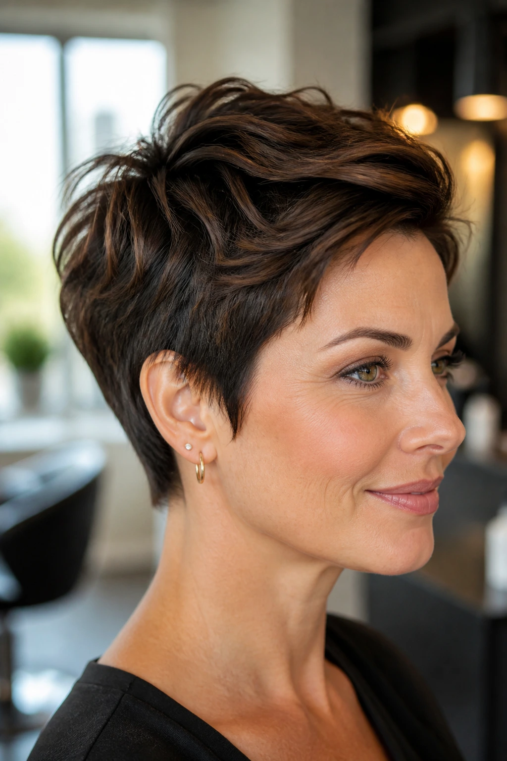 Close-up portrait of a real woman with a dense pixie cut showing crown lift in a salon.