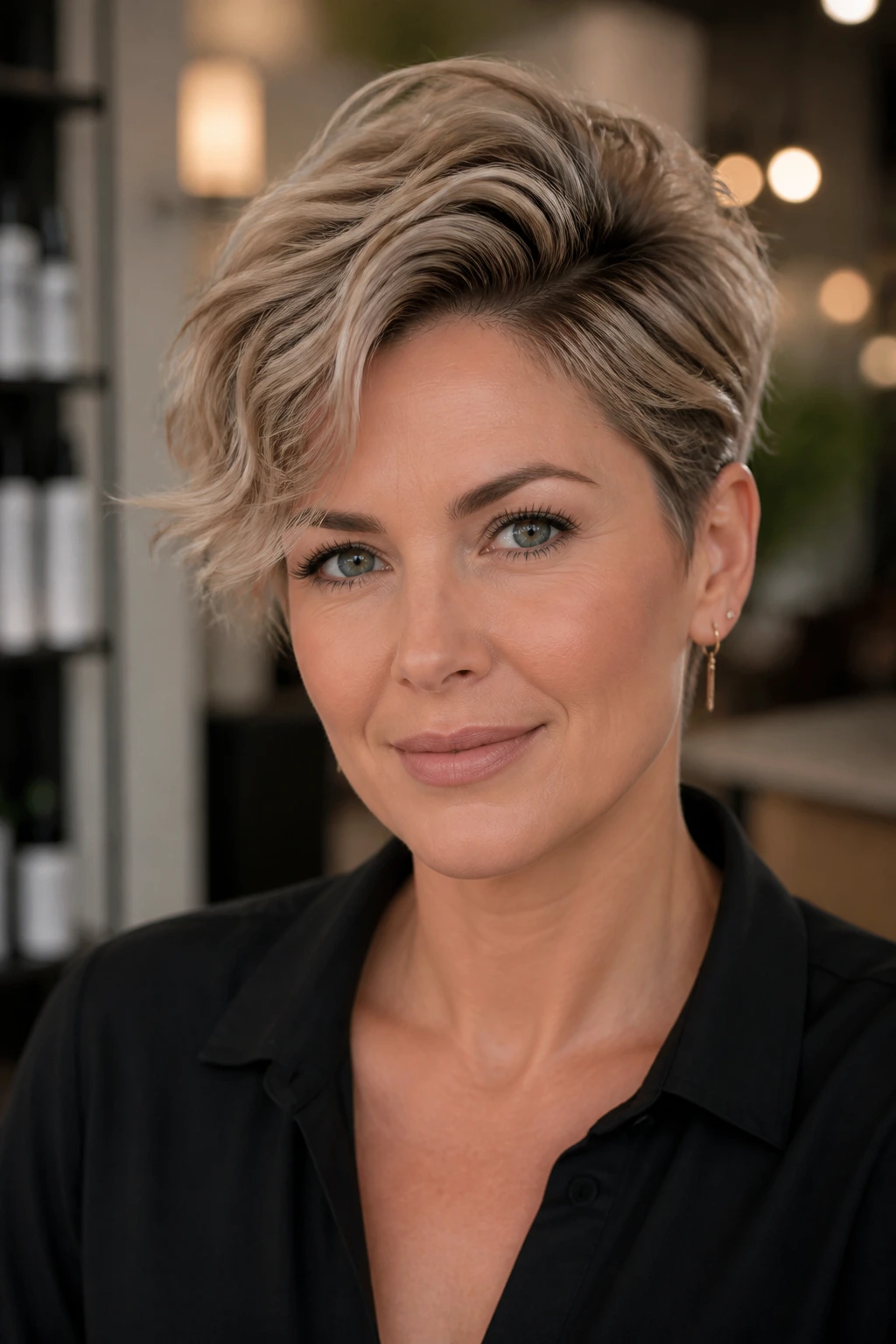 Portrait of a real woman with a deep-side-part pixie and lifted crown