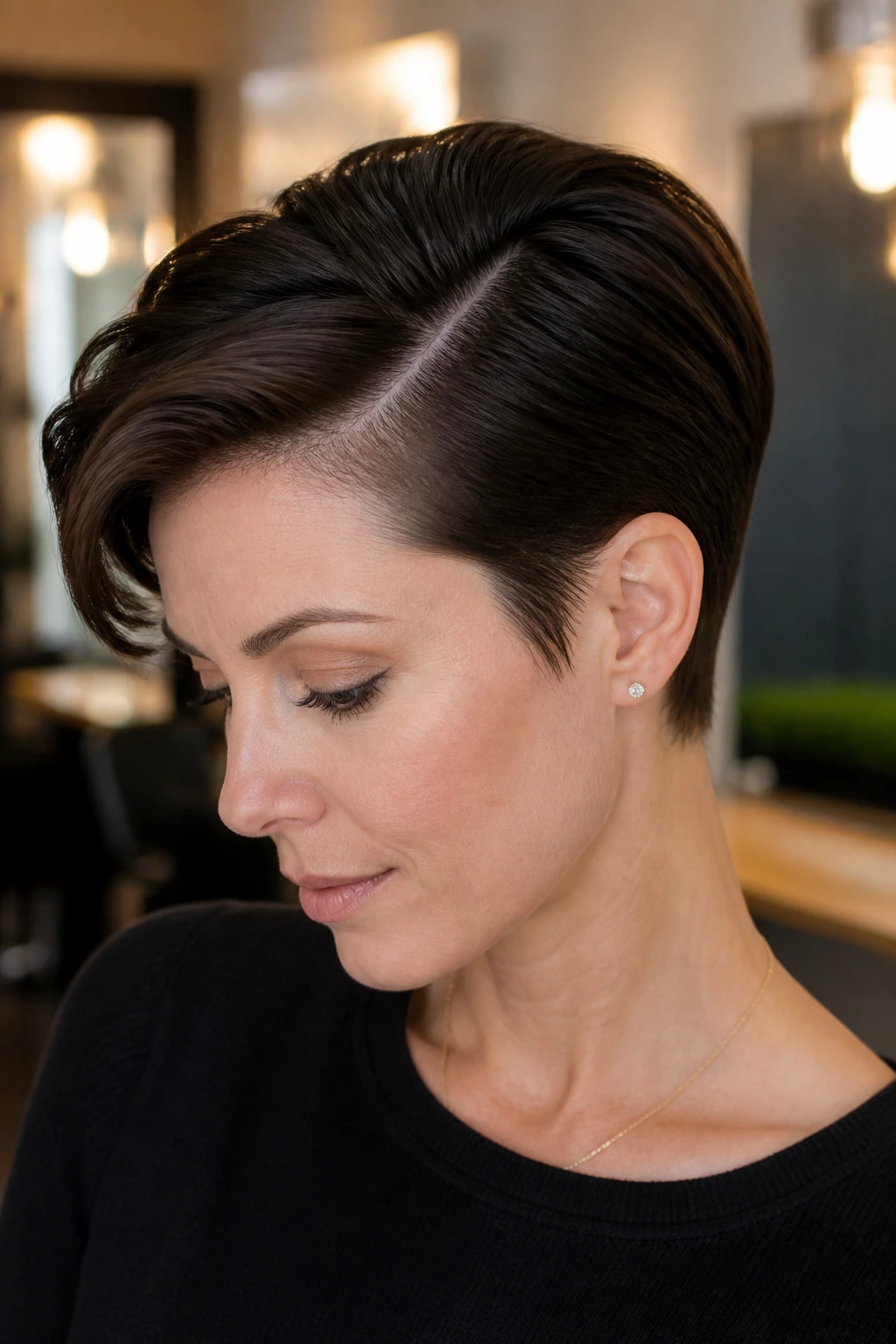 Portrait of a real woman with a deep side-part pixie and slicked crown.