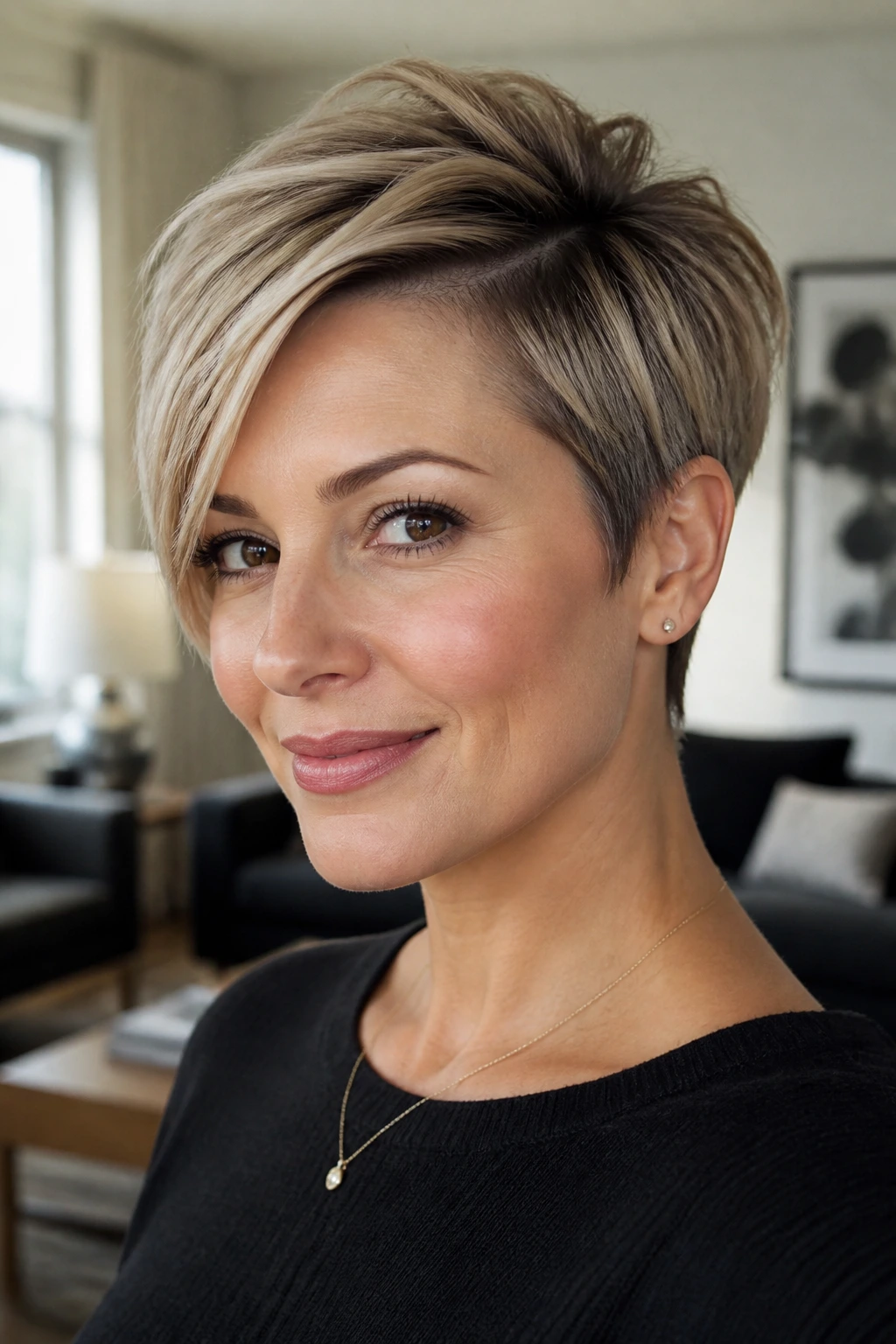 Close-up of a real woman with a deep side-part pixie in natural daylight