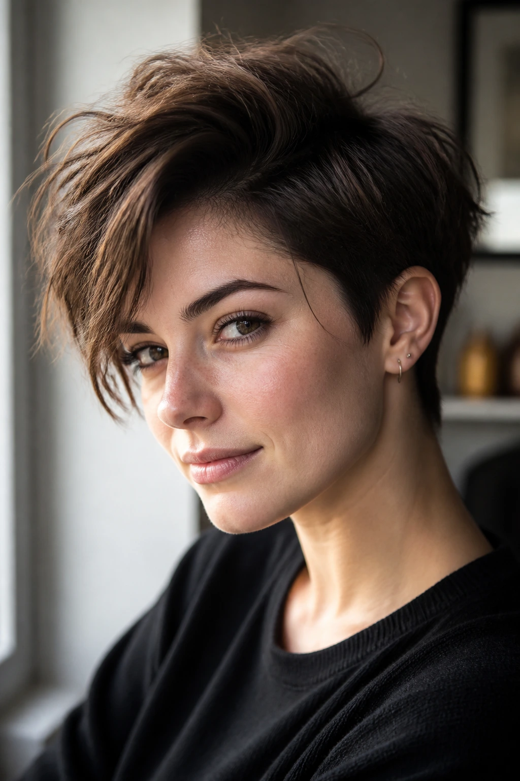 Close-up portrait of a real woman with a tousled pixie and deep side part