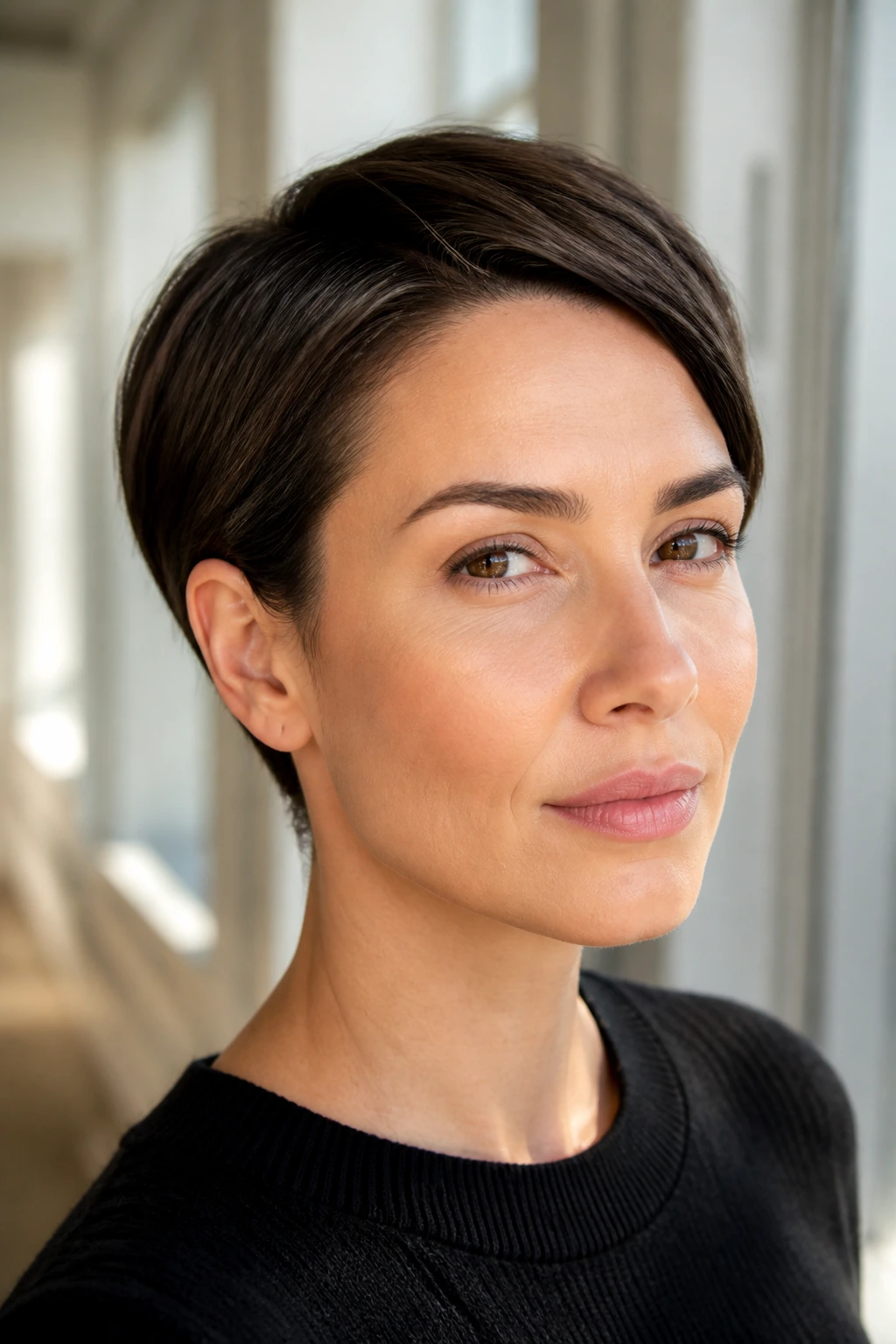 Close-up portrait of a real woman with an ear-tucked minimal pixie hairstyle