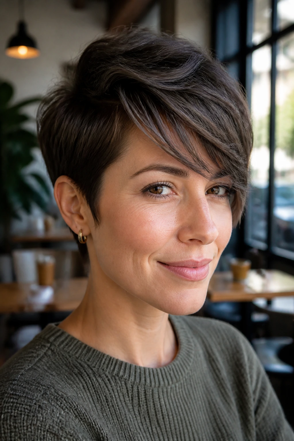 Close-up of a real woman with a deep side-part pixie and feathered bangs