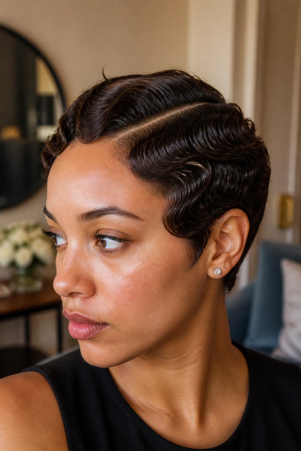 Portrait of a real person with a pixie cut styled in deep side-part finger waves