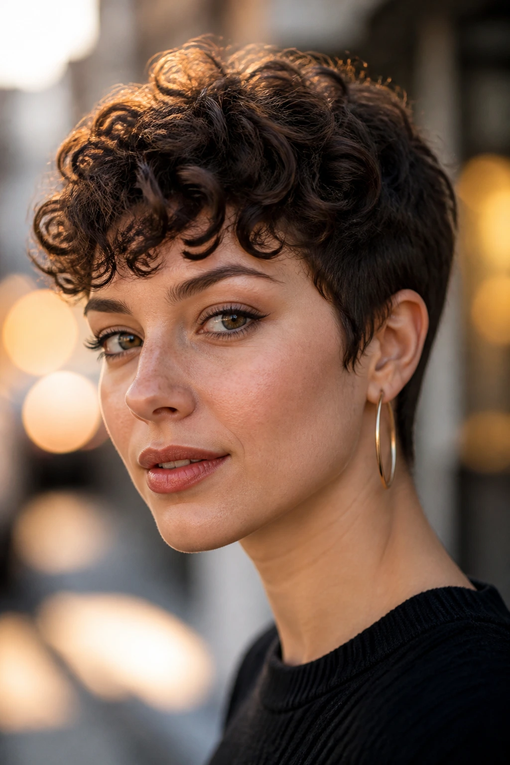 Close-up portrait of a real person with a short curly pixie fringe in golden hour street light