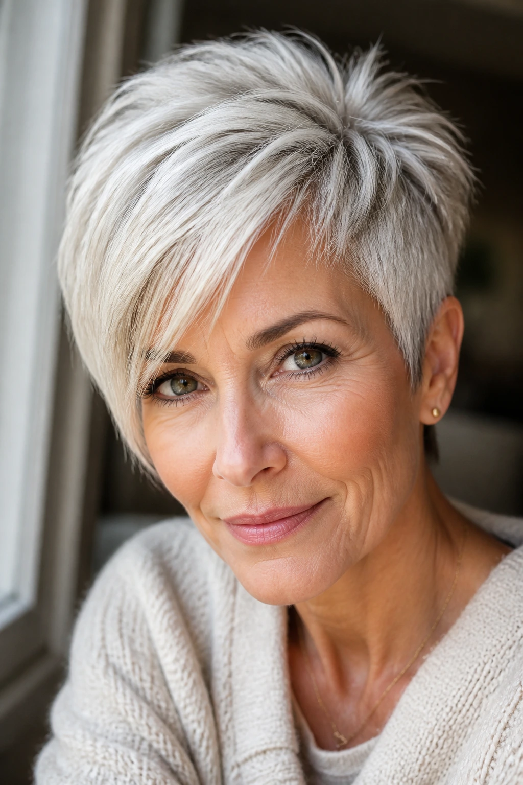 Close-up of a real woman with a piecey pixie and long fringe featuring babylights.