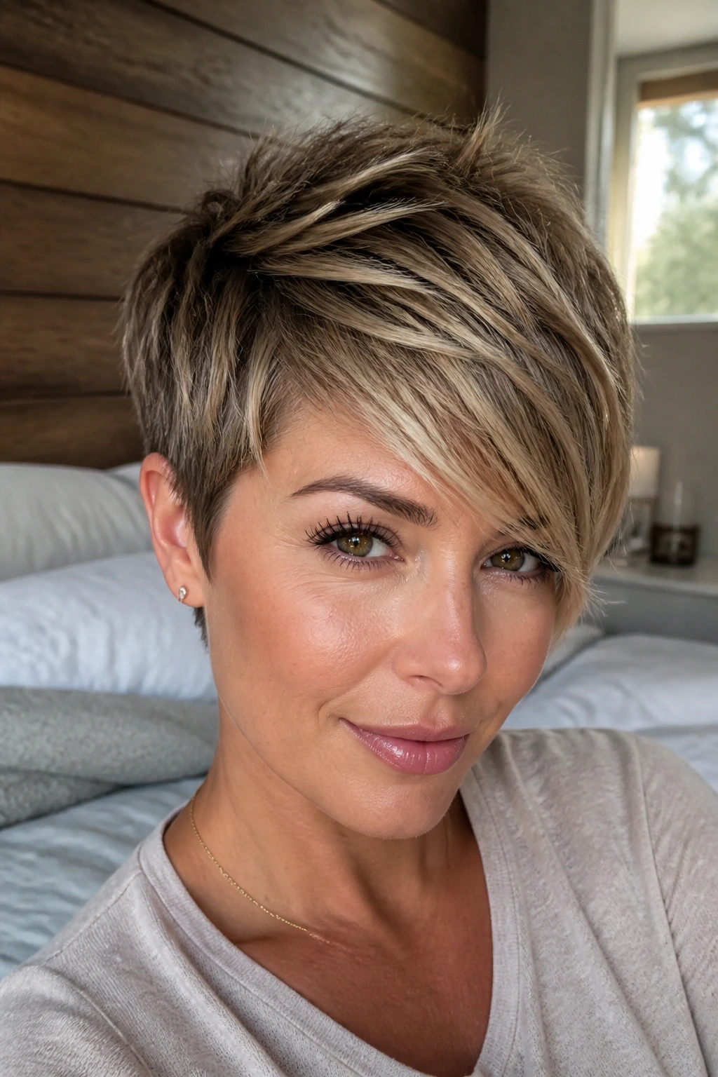 Close-up of a real woman with a piecey pixie and swept fringe showing temple lowlights