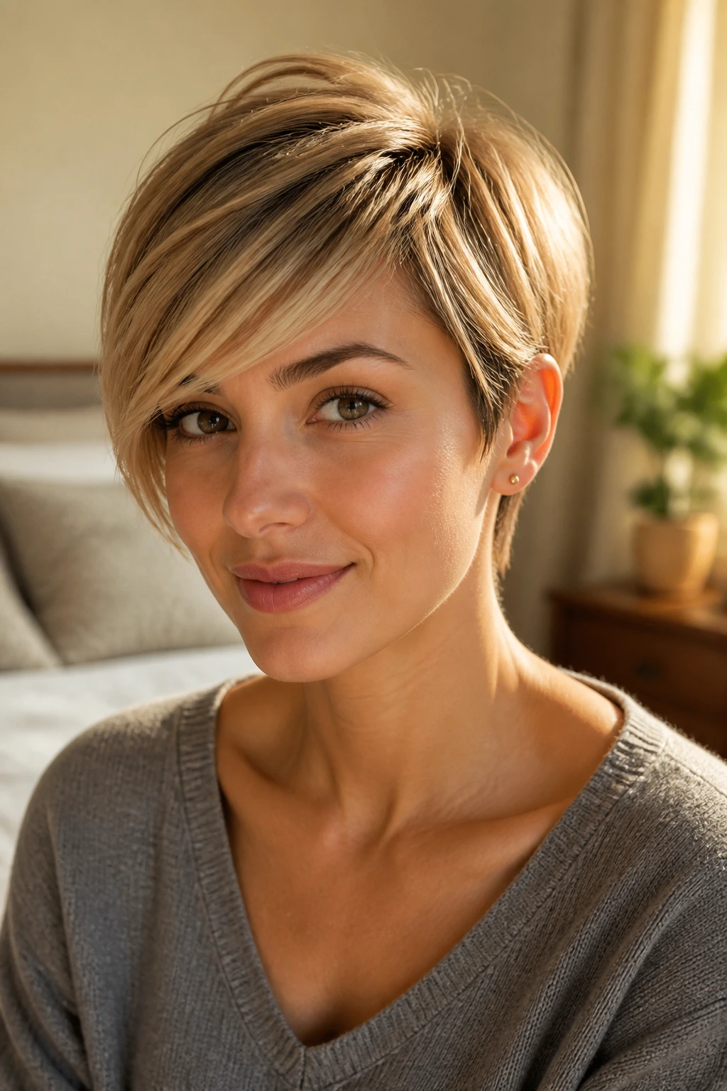 Close-up portrait of a real woman with a long pixie and sweeping fringe under soft window light