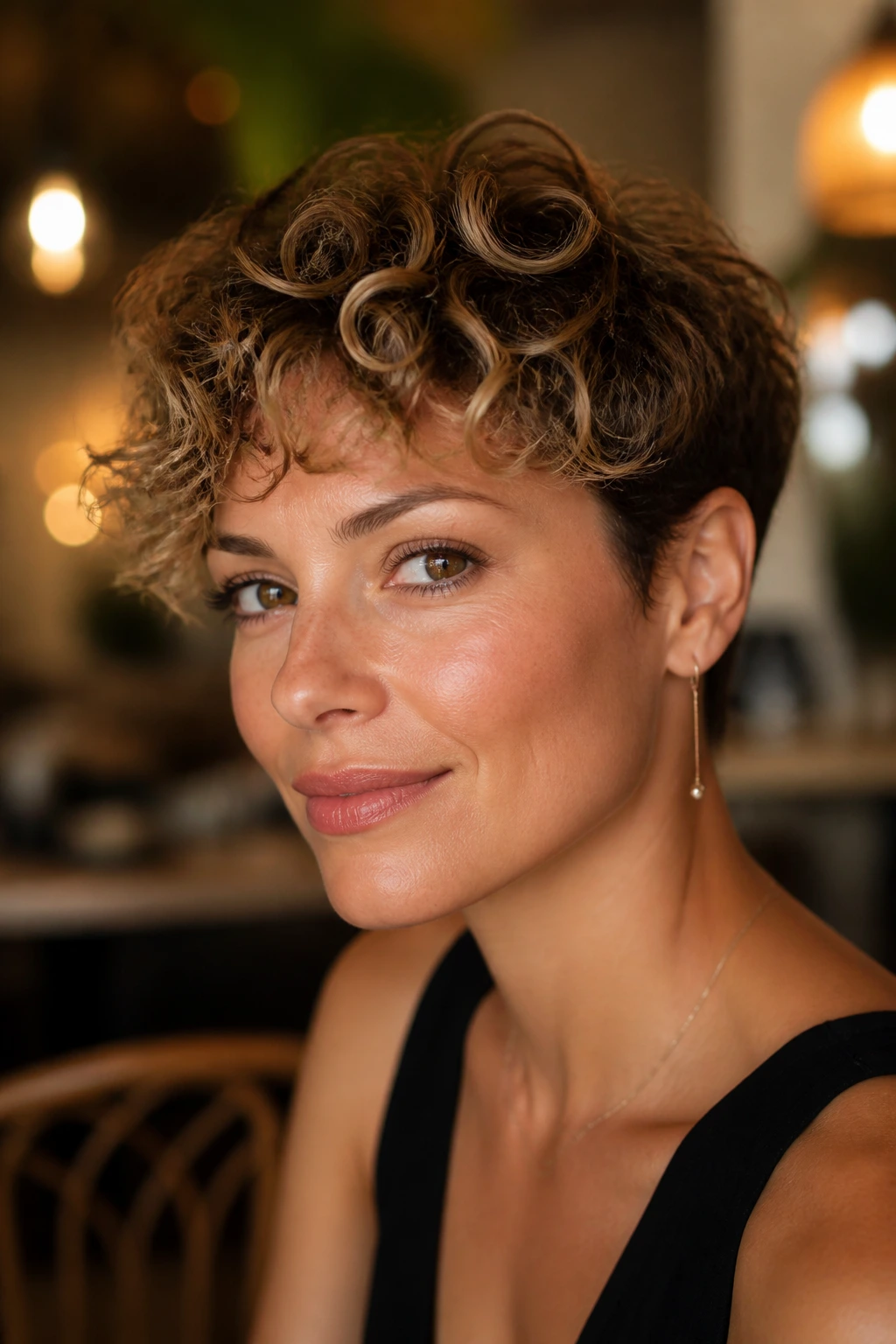 Close-up of a woman with a grown-out pixie and spiral fringe in a cafe setting