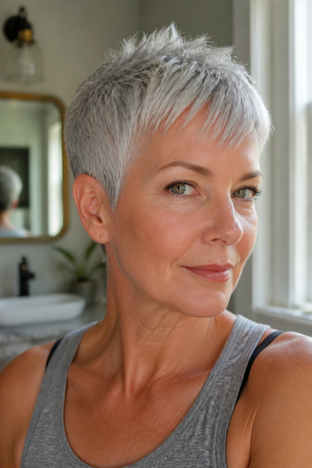 Close-up of a real woman with a thick gray pixie showing crisp fringe and neat nape in natural light
