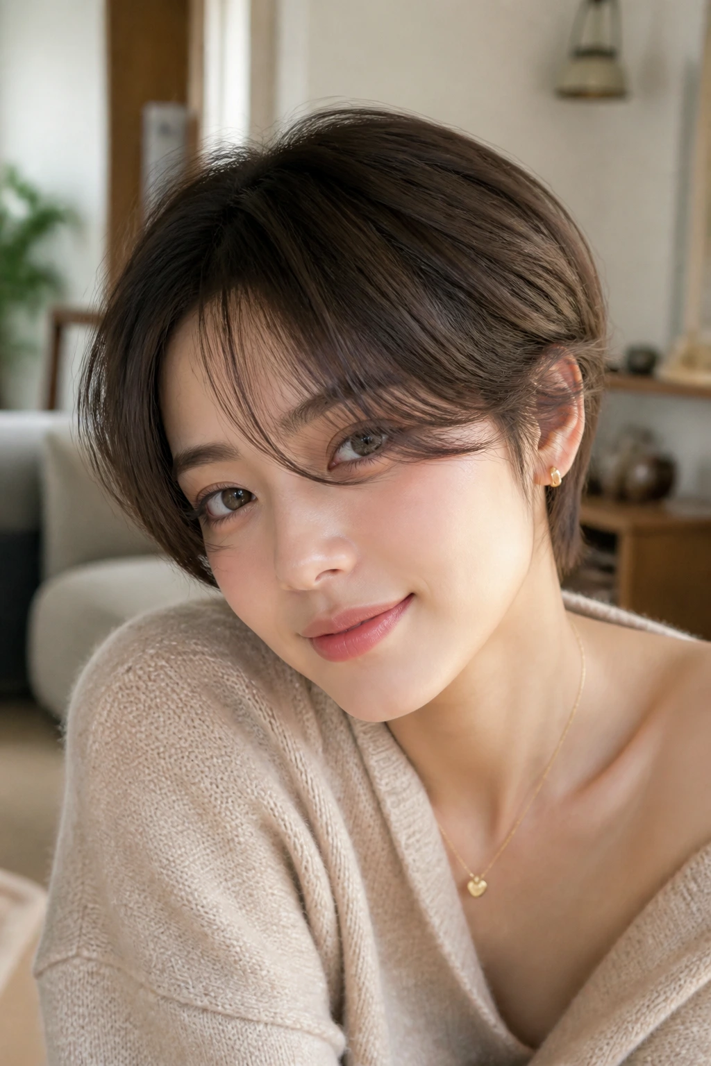 Close-up of a real woman with a grow-out pixie and face-framing bangs in a warm home setting.