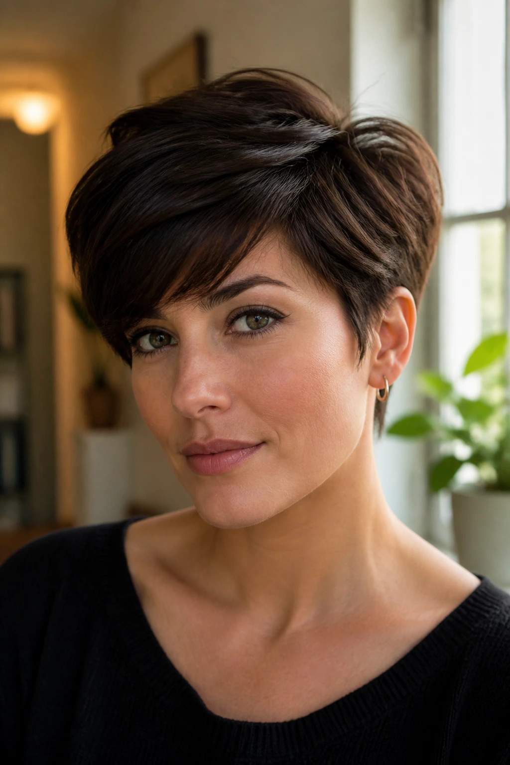 Close-up portrait of a person with a thick pixie showing crown height and balanced sides