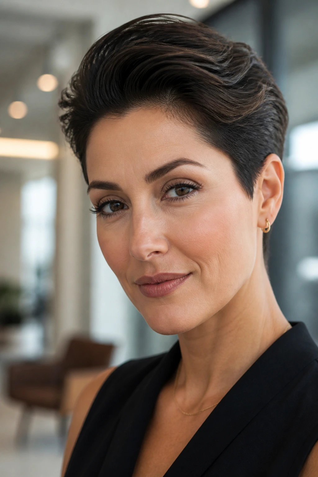 Close-up portrait of a real woman with a glossy brushed-back pixie hairstyle