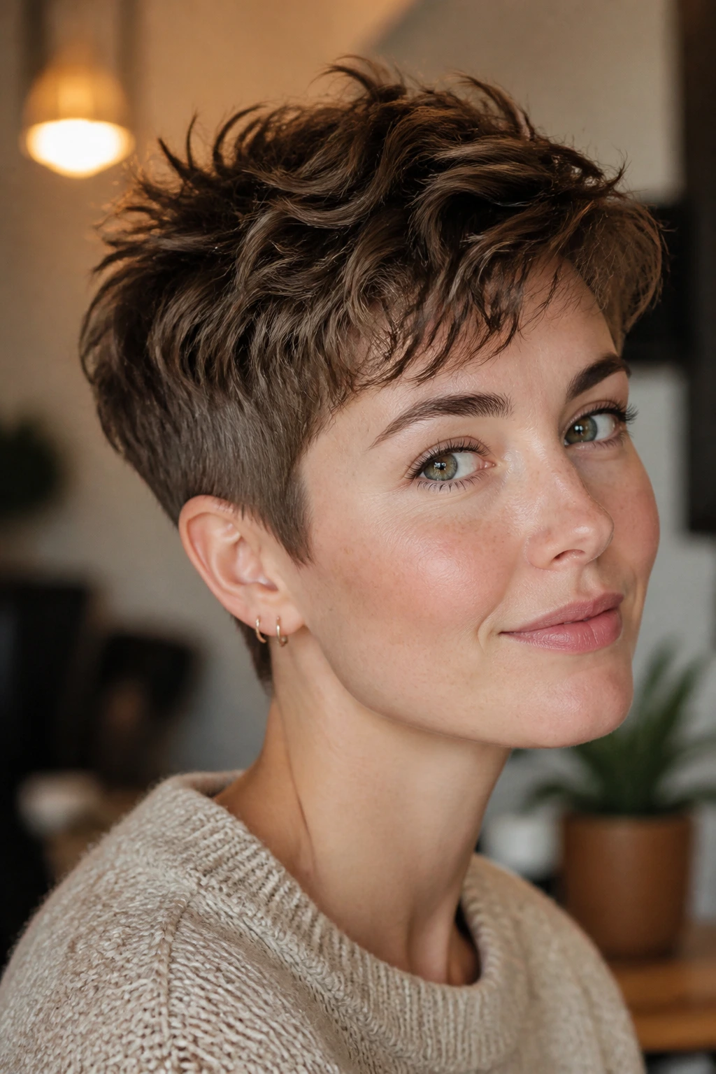 Close-up of a real woman with a grown-out pixie and piecey ends in a cozy indoor setting