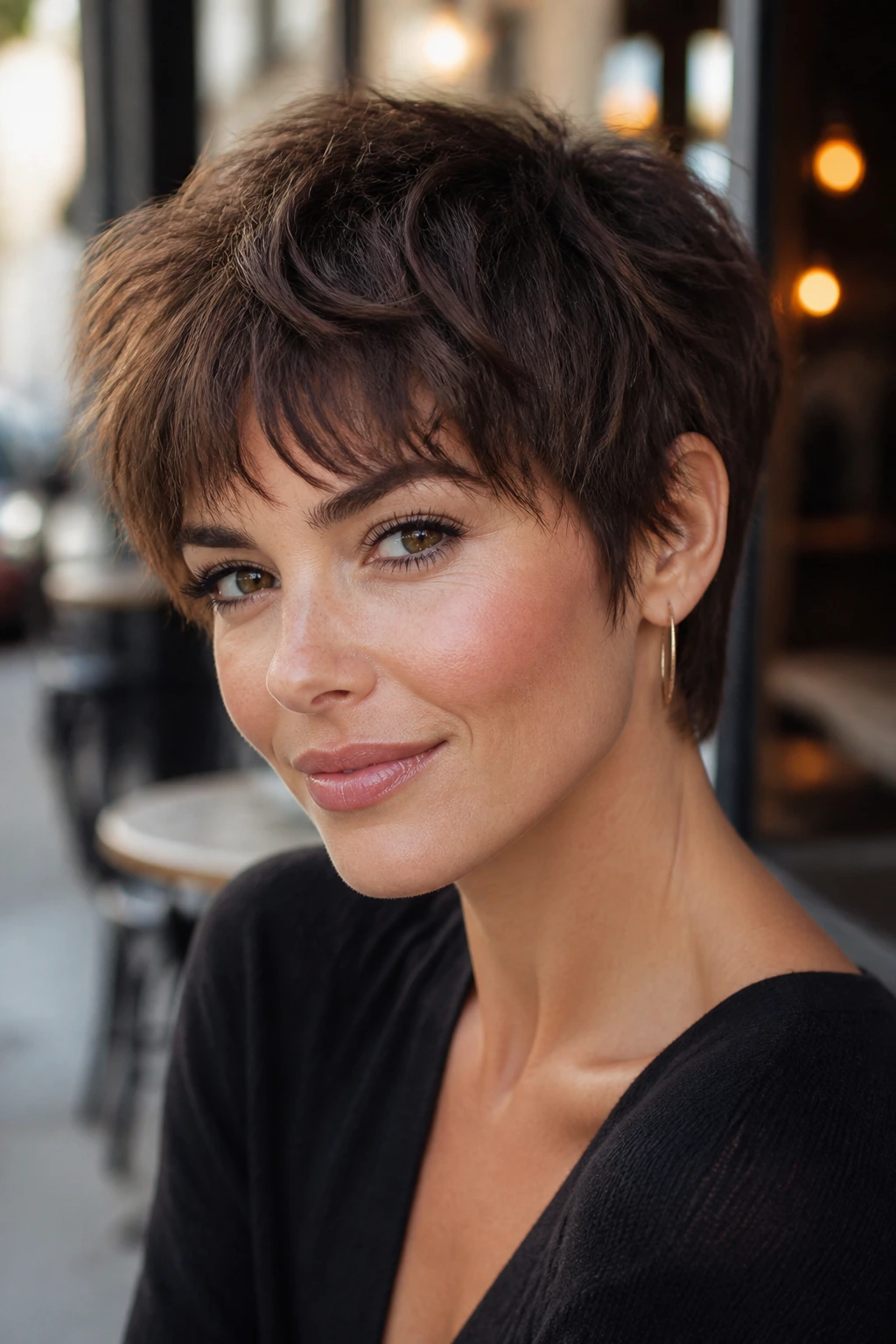 Close-up of a real woman with a razor-soft shag pixie hairstyle outdoors