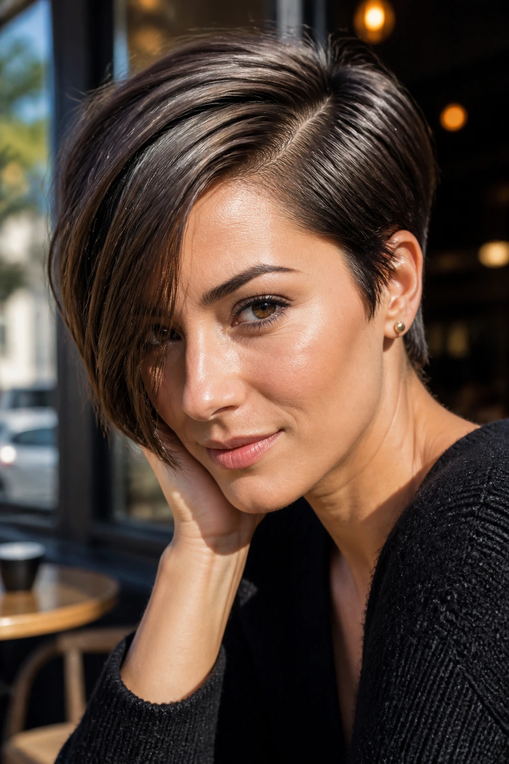 Close-up portrait of a real woman with a deep side-part sleek pixie hairstyle in a sunlit cafe setting