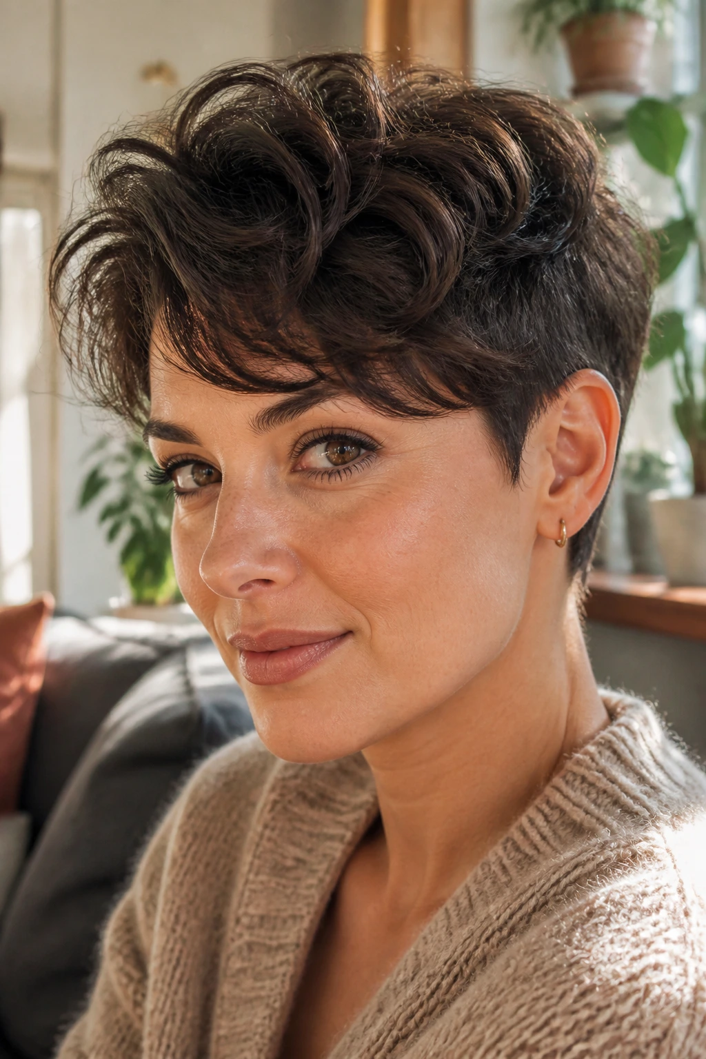 Close-up of a real woman with a natural-wavy pixie hairstyle in a warm living room setting