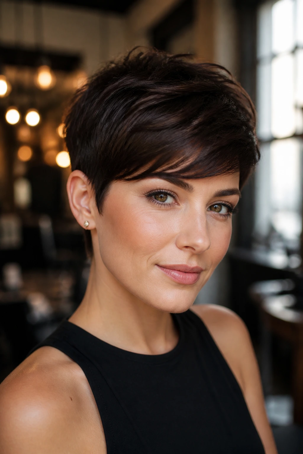 Close-up of a real woman with swept-front pixie on deep espresso brunette hair.