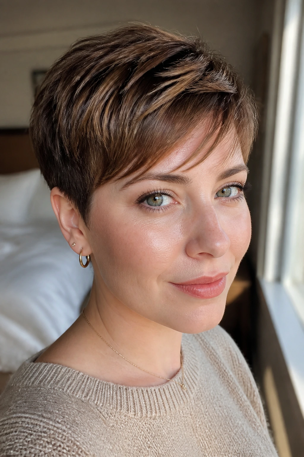 Close-up portrait of a woman with a chestnut caramel pixie haircut, glossy fringe and crown highlights