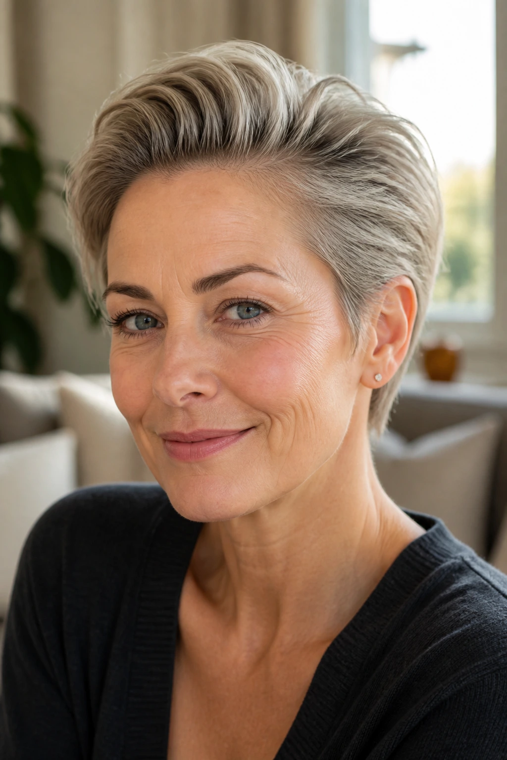 Close-up portrait of a woman with a grown-out pixie swept-back hairstyle in warm, natural light