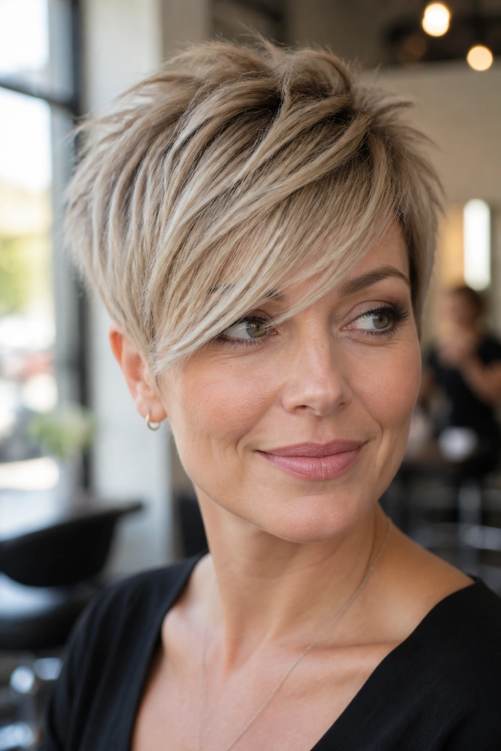 Real woman wearing a choppy pixie with long side fringe in natural window light