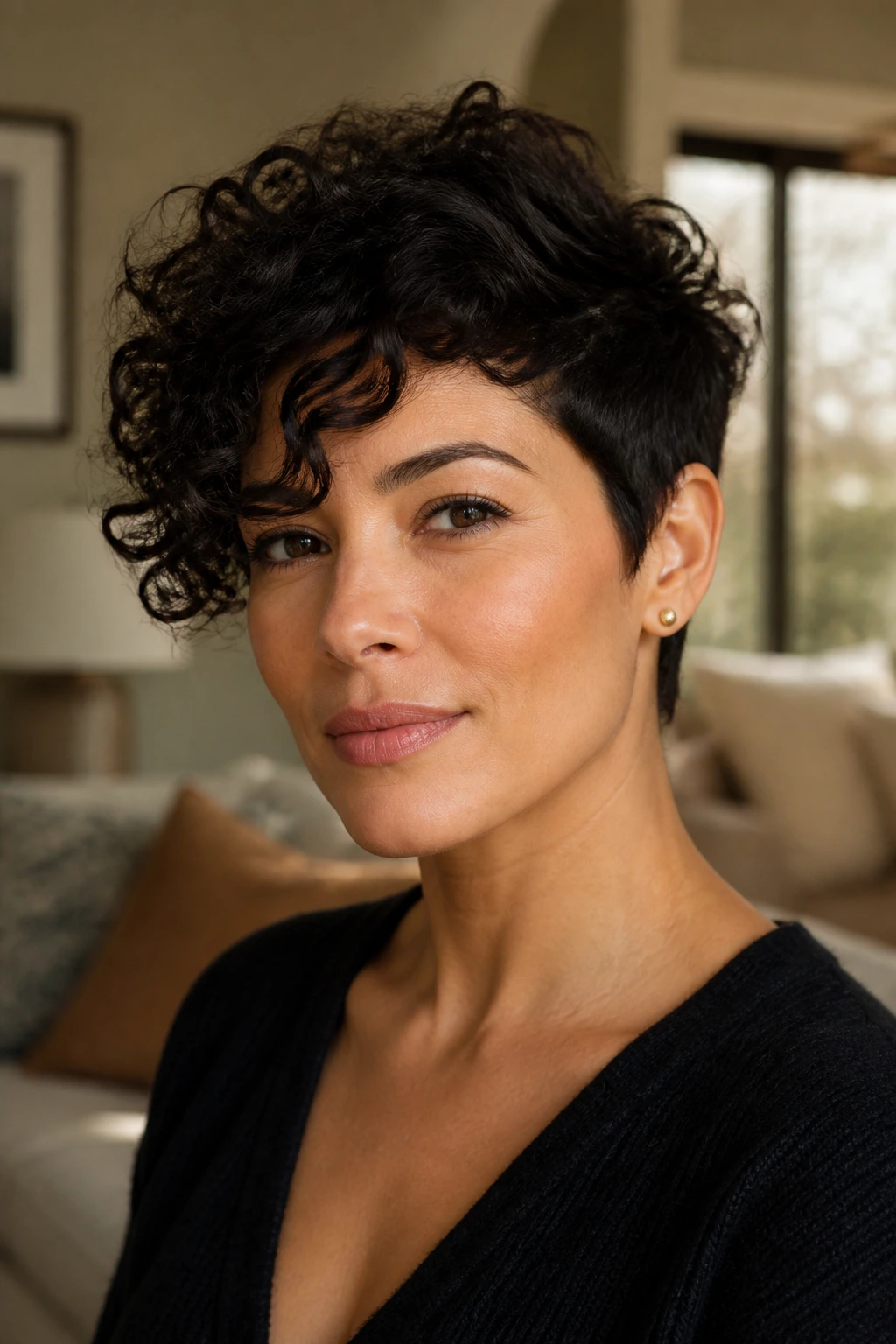 Close-up portrait of a woman with a side-swept pixie and loose curls