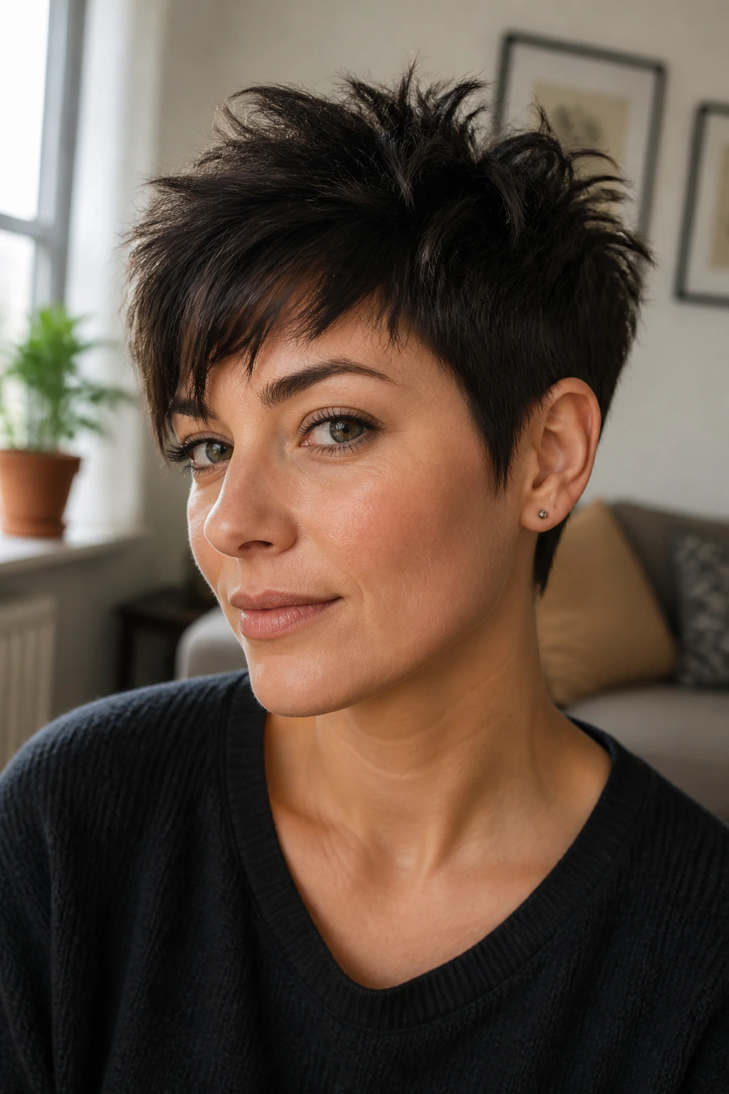 Close-up of a real woman with a messy boyish pixie showing lifted crown and irregular fringe