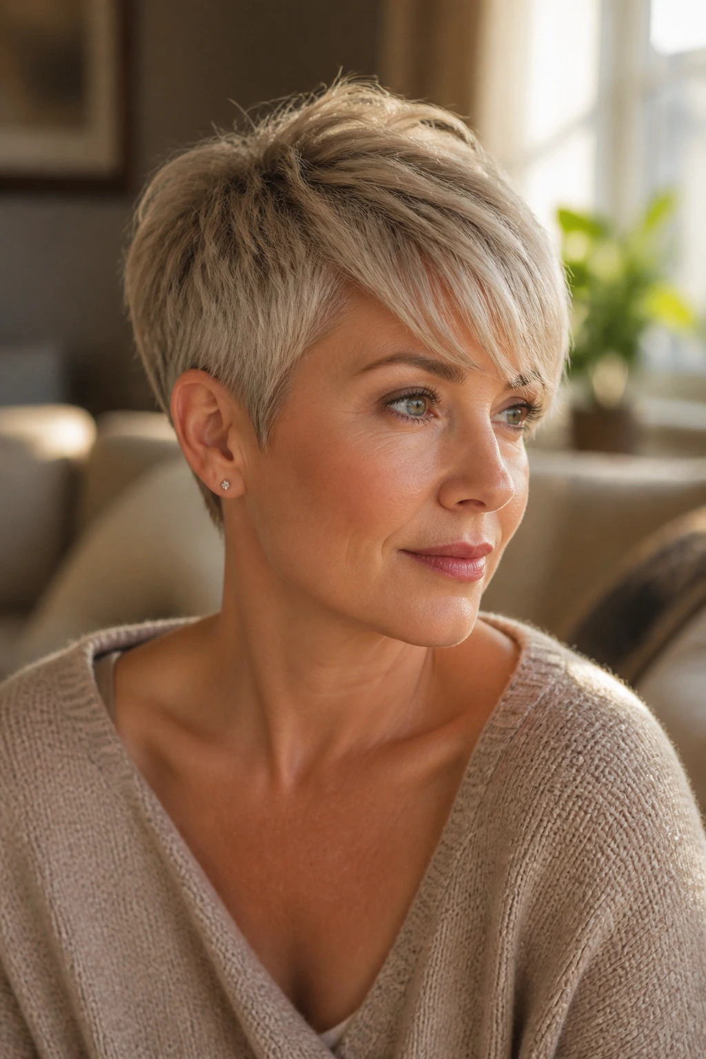Close-up portrait of a real woman with a pixie haircut and side-swept bangs