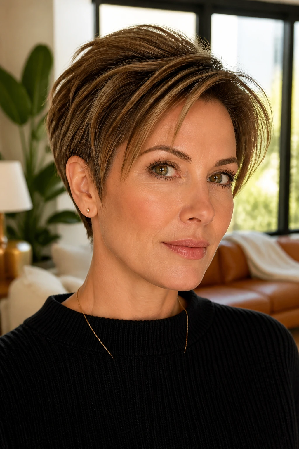 Close-up portrait of a real woman with a grown-out pixie and sculpted front pieces in natural window light