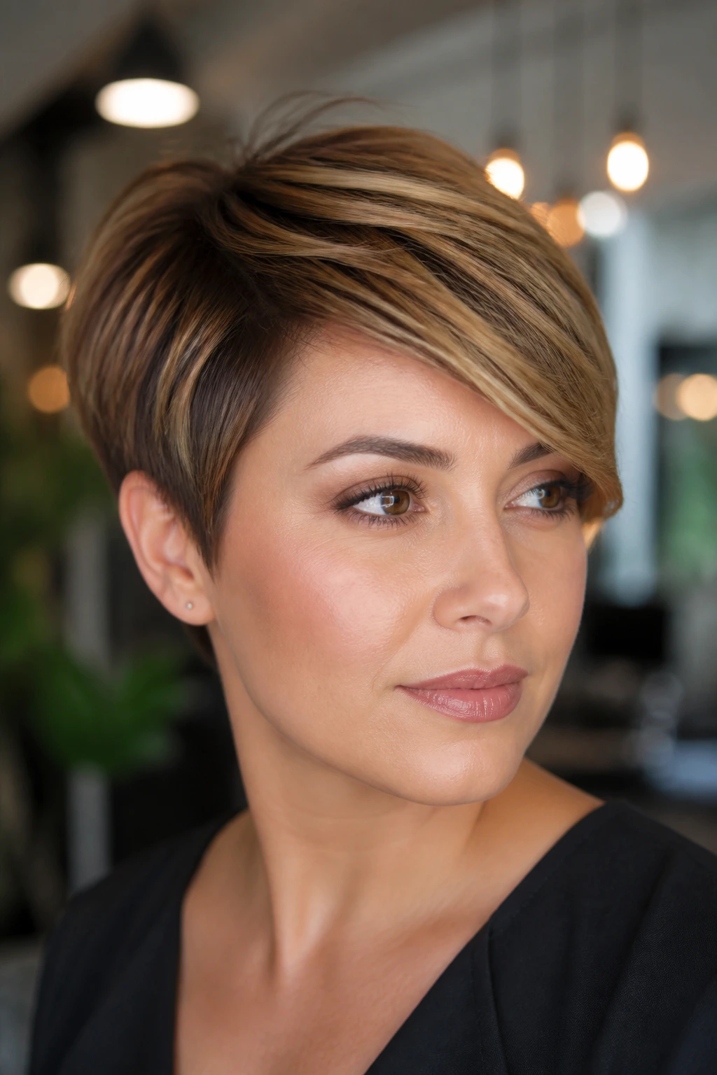 Close-up portrait of a person with a side-swept pixie and longer top layers