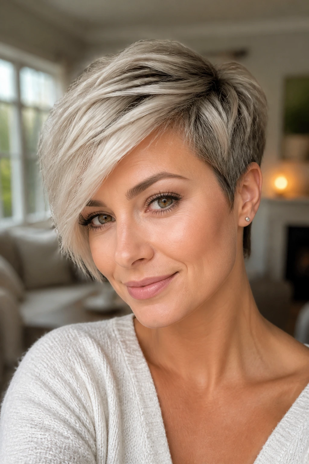 Portrait of woman with soft side-swept pixie hairstyle.