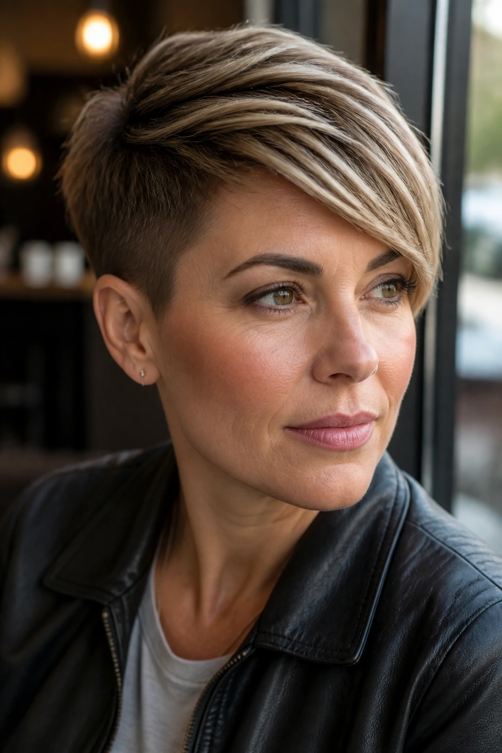 Portrait of a real woman with a side-swept pixie and longer top.