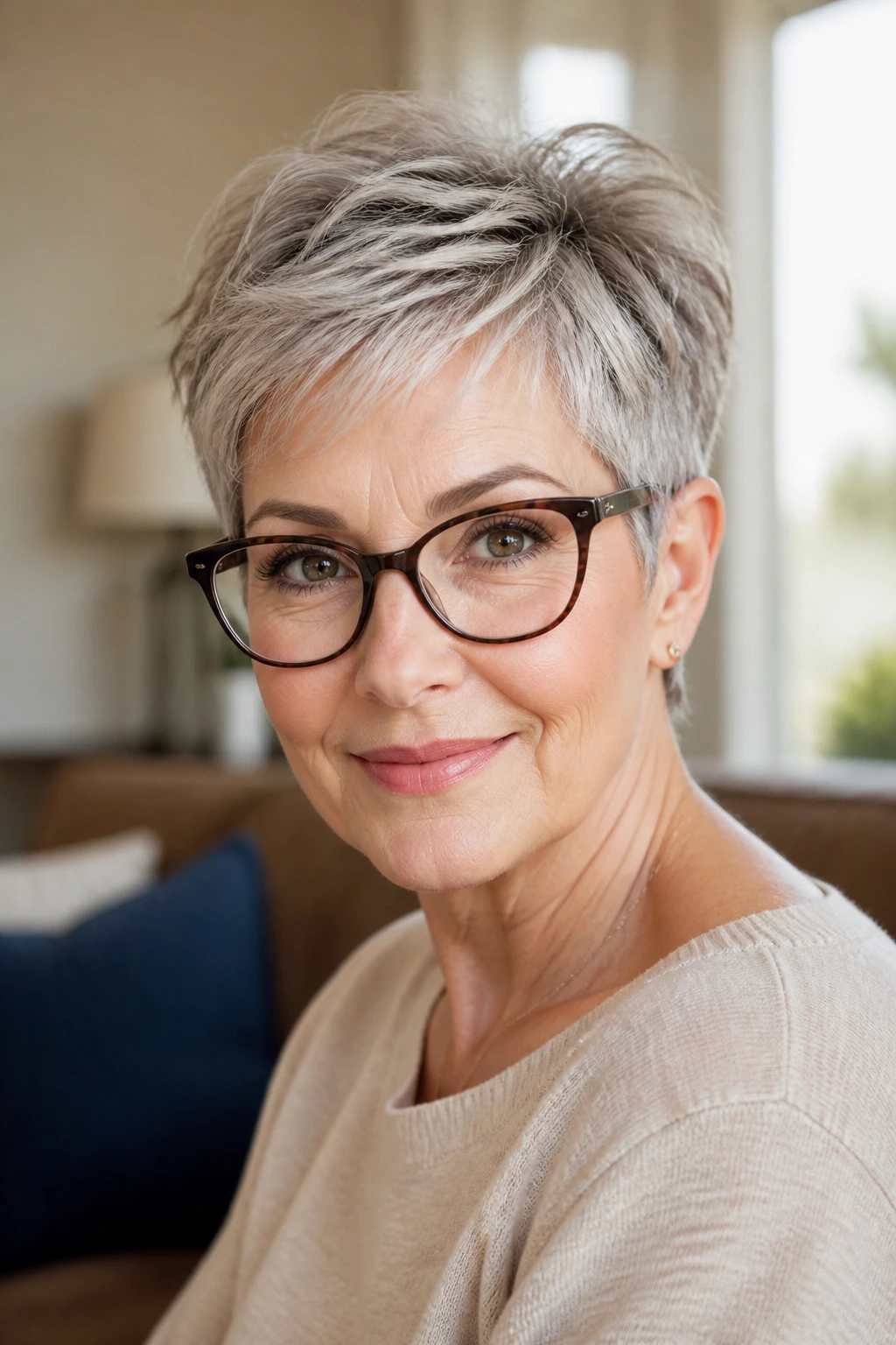 Close-up portrait of a real woman with a soft pixie cut and crown lift in natural daylight