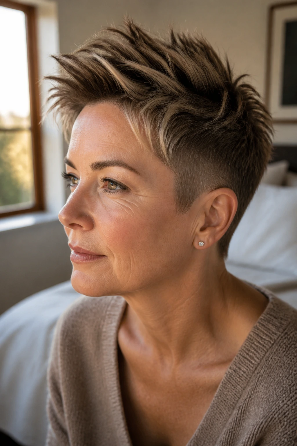 Close-up of a real woman with a piecey pixie and tapered sides in a warm bedroom.