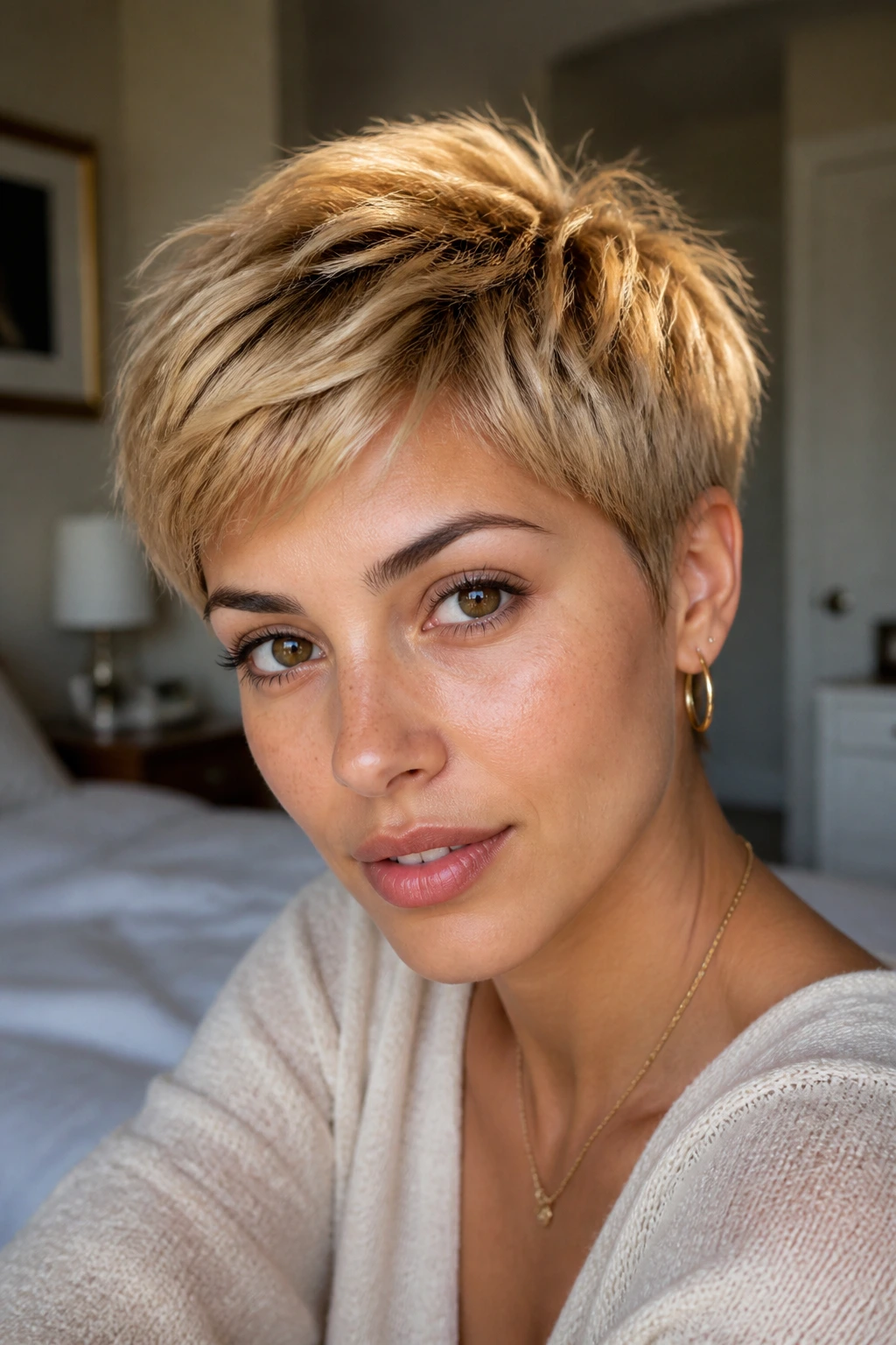 Close-up portrait of a real woman with textured pixie haircut and golden crown light on olive skin.