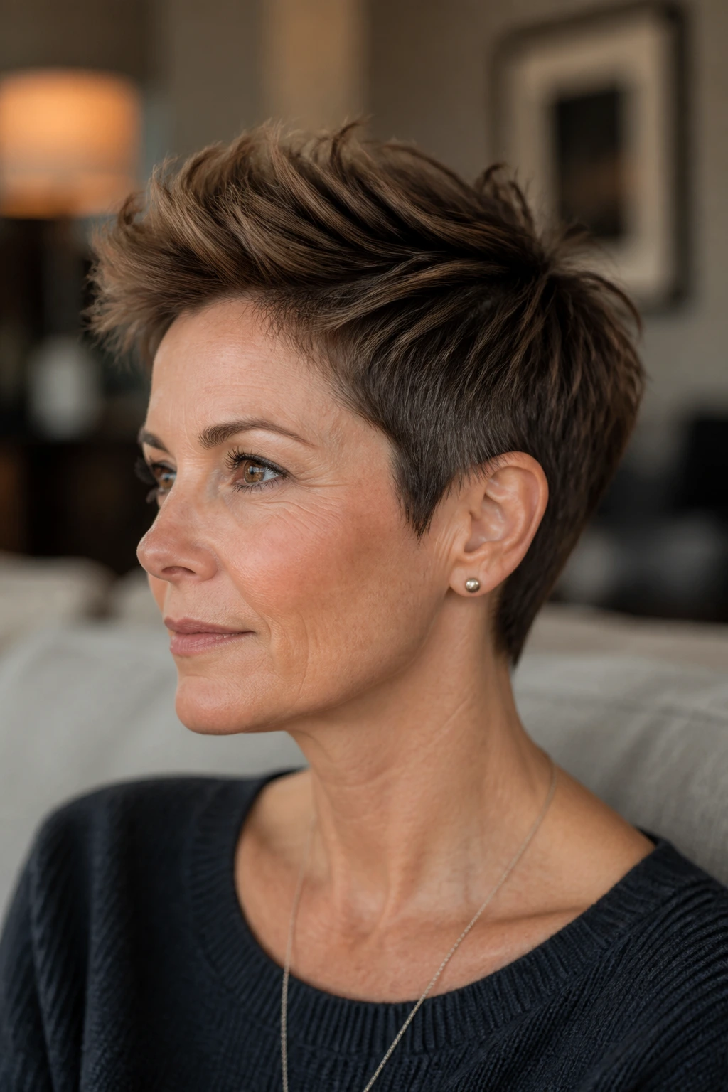 Close-up of a real woman with a textured pixie and longer crown in warm indoor light