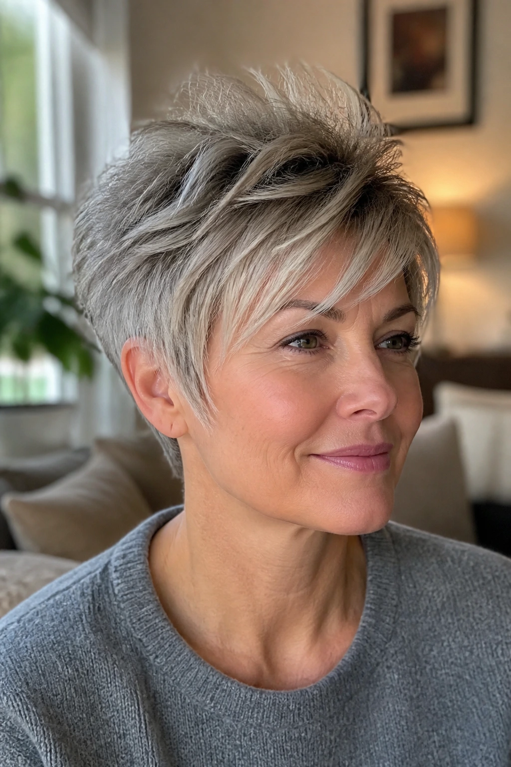 Close-up of a real woman with a tousled pixie and lifted crown in a cozy living room