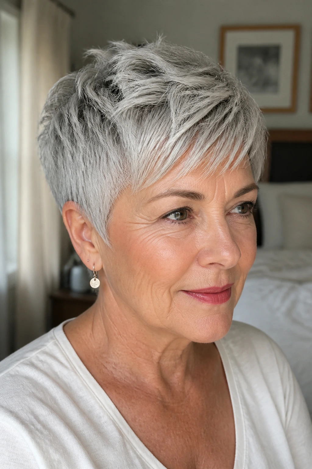 Close-up portrait of a real woman with brushed-forward choppy pixie in natural window light.