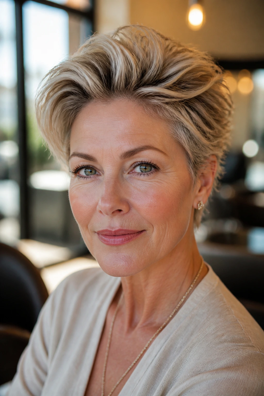 Close-up of a real woman with a swept-back voluminous pixie hairstyle.