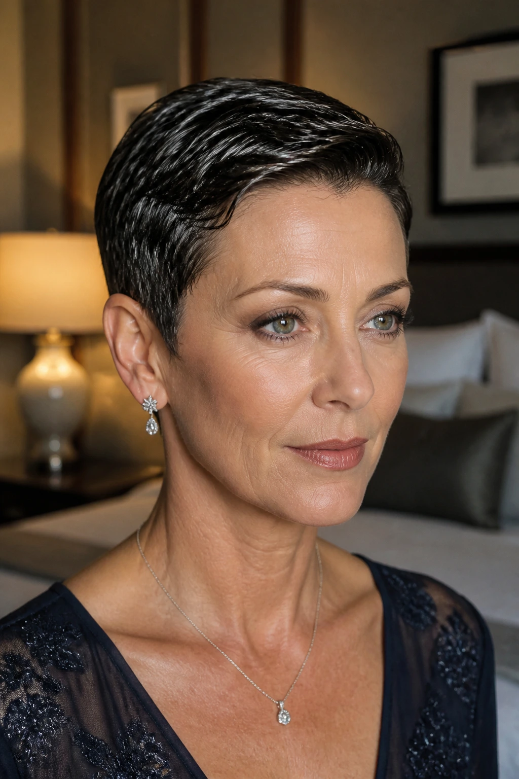 Close-up of a real woman with a glossy wet-style pixie cut