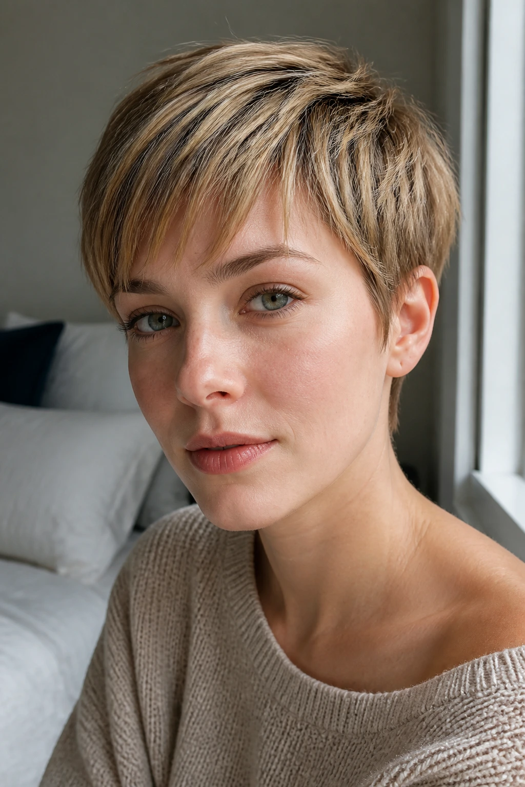 Close-up of pixie cut with honey micro-highlights on pale skin