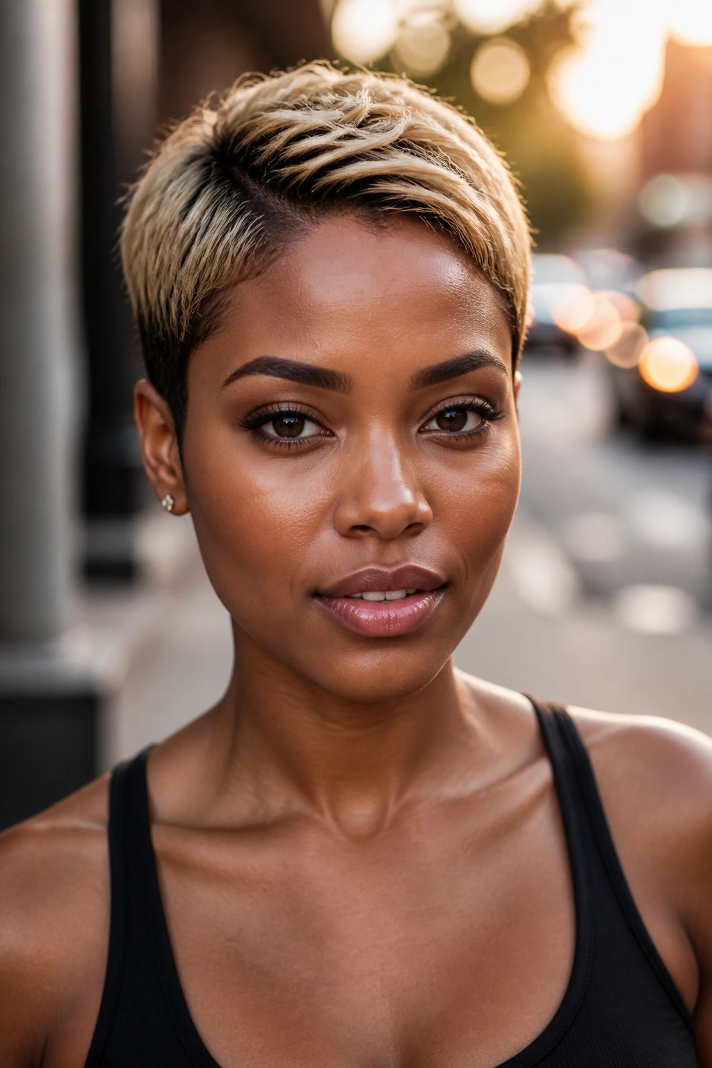 Close-up of a real woman with a honey blonde pixie and a clean root line in golden hour light.